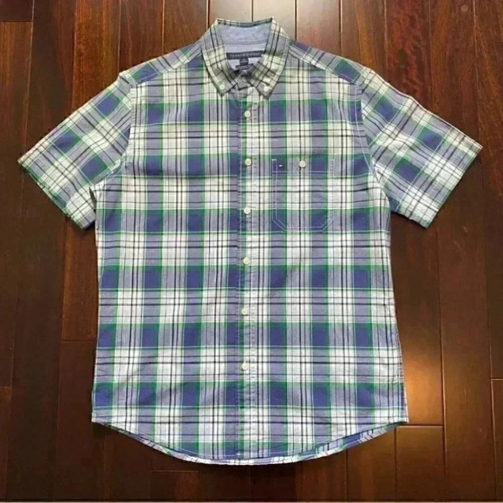 Tommy Hilfiger Mens Short Sleeve Button Down Shirt Cotton Blue Green Plaid Small - Picture 15 of 16